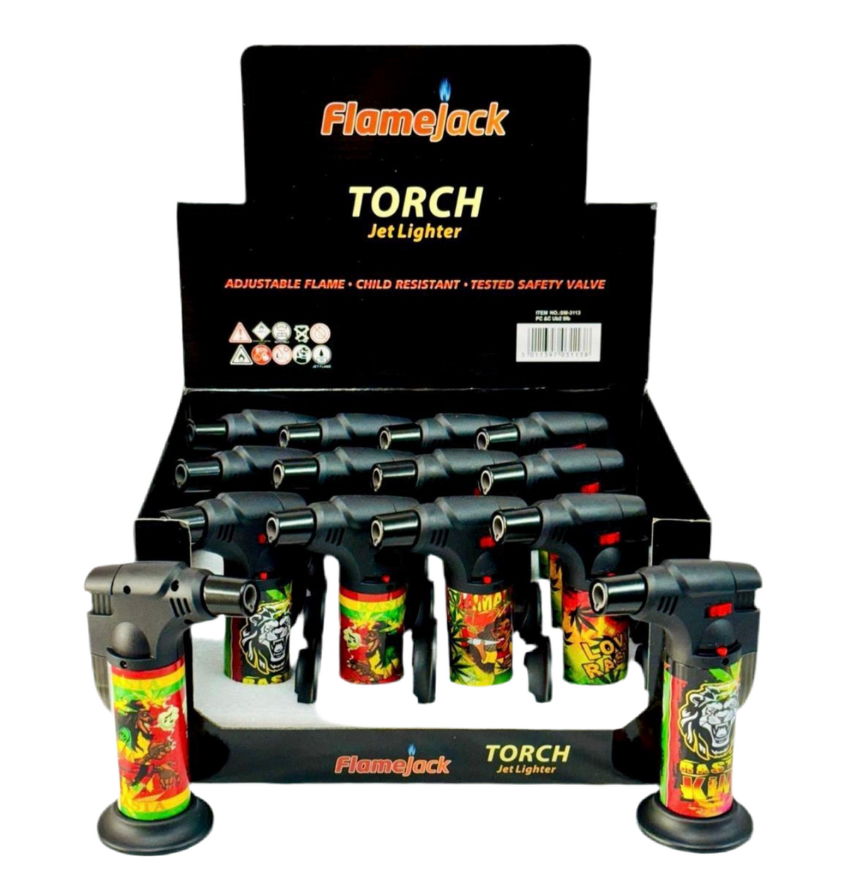 Flamejack Translucent Big Torch Jet Lighter Rasta Design Blow Torch | 1 Lighter; supplier range shown, quantity supplied stated in description