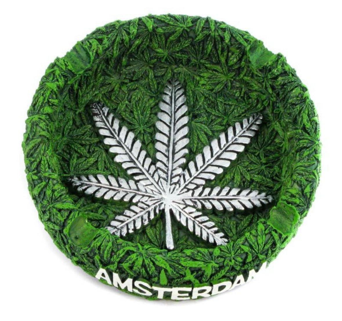 Amsterdam Green Round Resin Ashtray — Silver Leaf Design