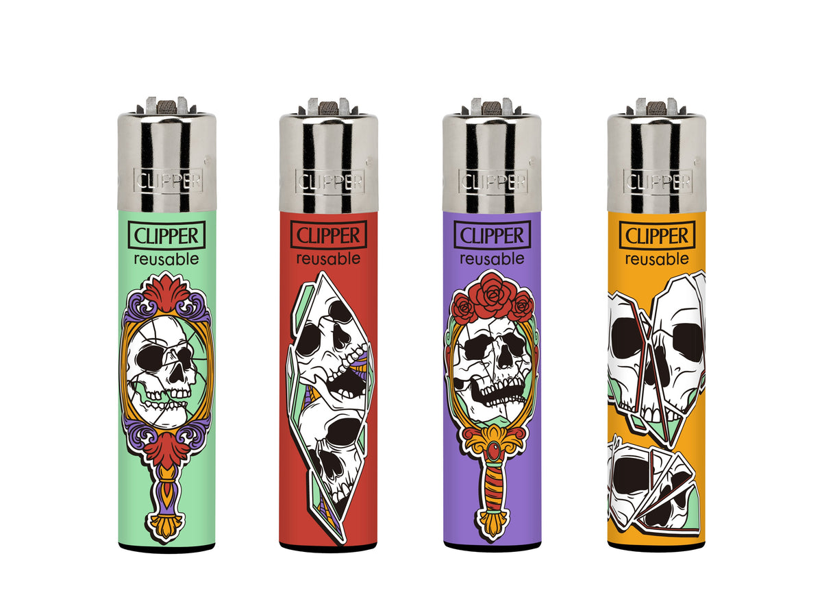Clipper Mirror Skulls Refillable Lighter — range shown; one assorted lighter supplied