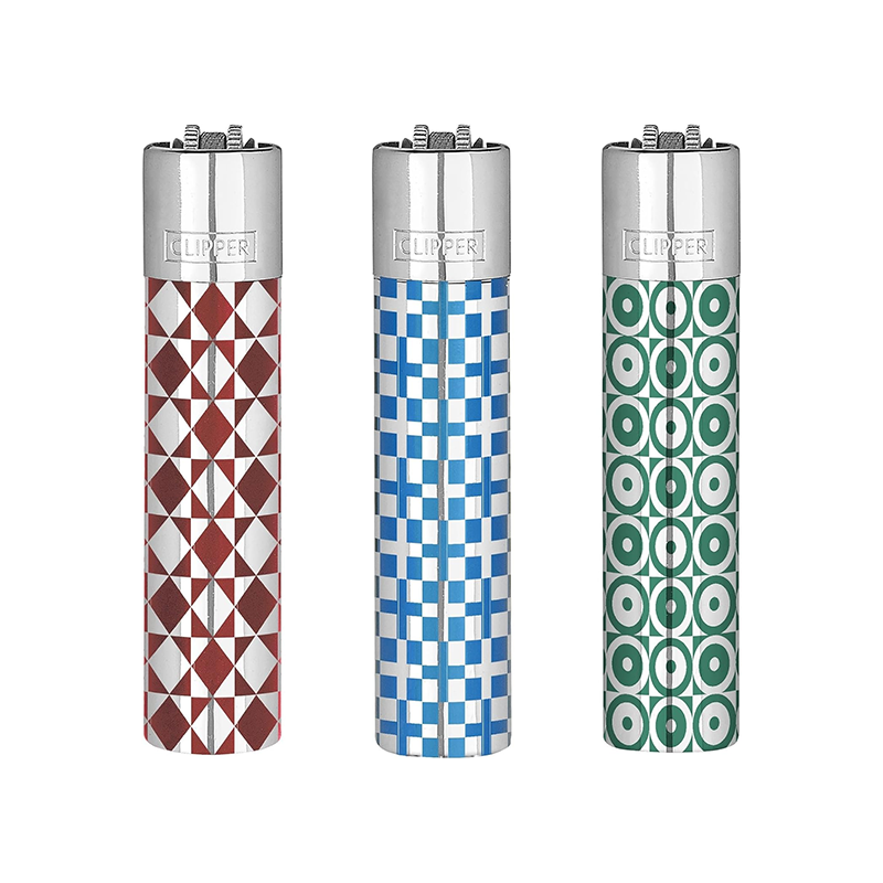 Clipper Geometry Metal Refillable Lighter & Case — range shown; one assorted lighter supplied