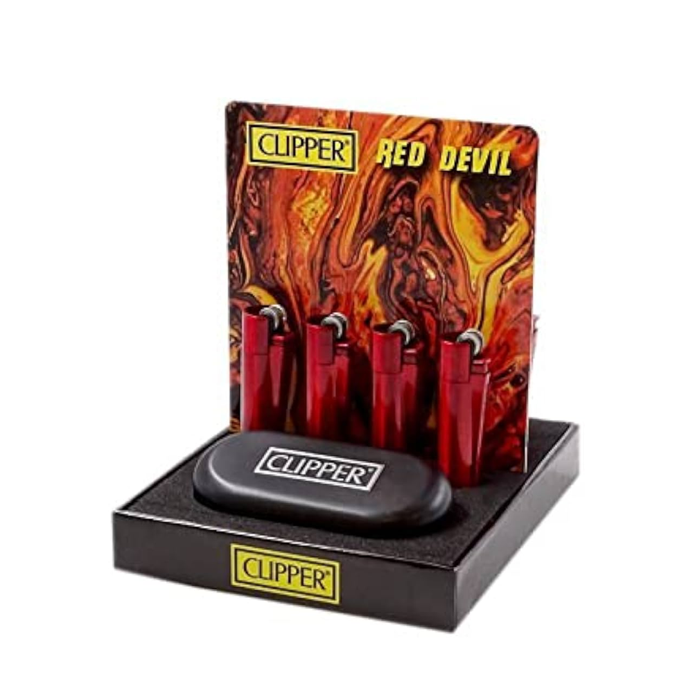 Clipper Red Devil Metal Refillable Lighter & Case — range shown; one assorted lighter supplied