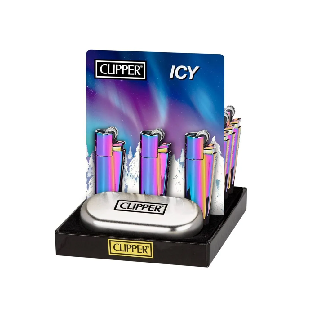 Clipper Icy Colours Metal Refillable Lighter & Case — range shown; one assorted lighter supplied