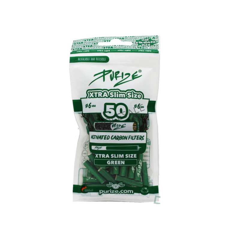PURIZE XTRA Slim Green activated carbon filters — resealable bag of 50, 5.9mm