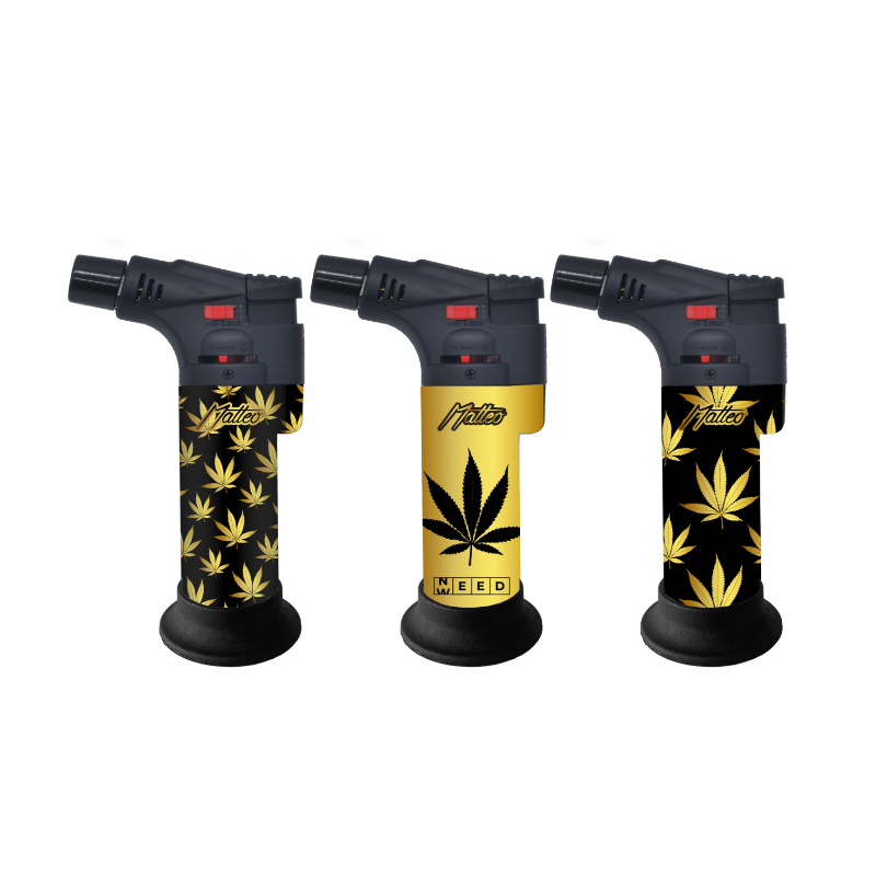 Matteo Big Jet Torch Lighter — Gold & Black Weed — range shown; one assorted lighter supplied