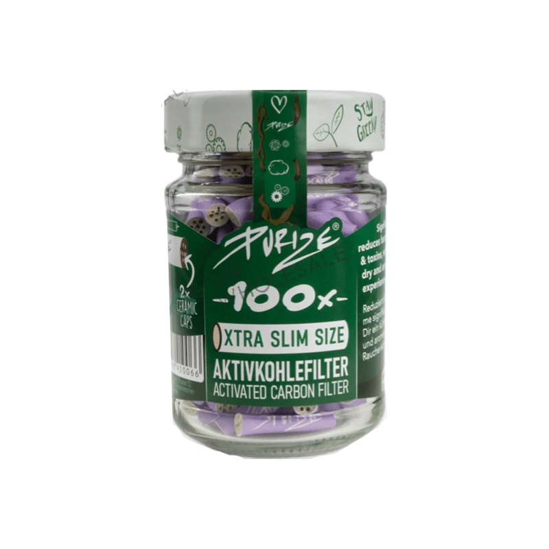 PURIZE XTRA Slim lilac filters in a glass jar, 100 pack
