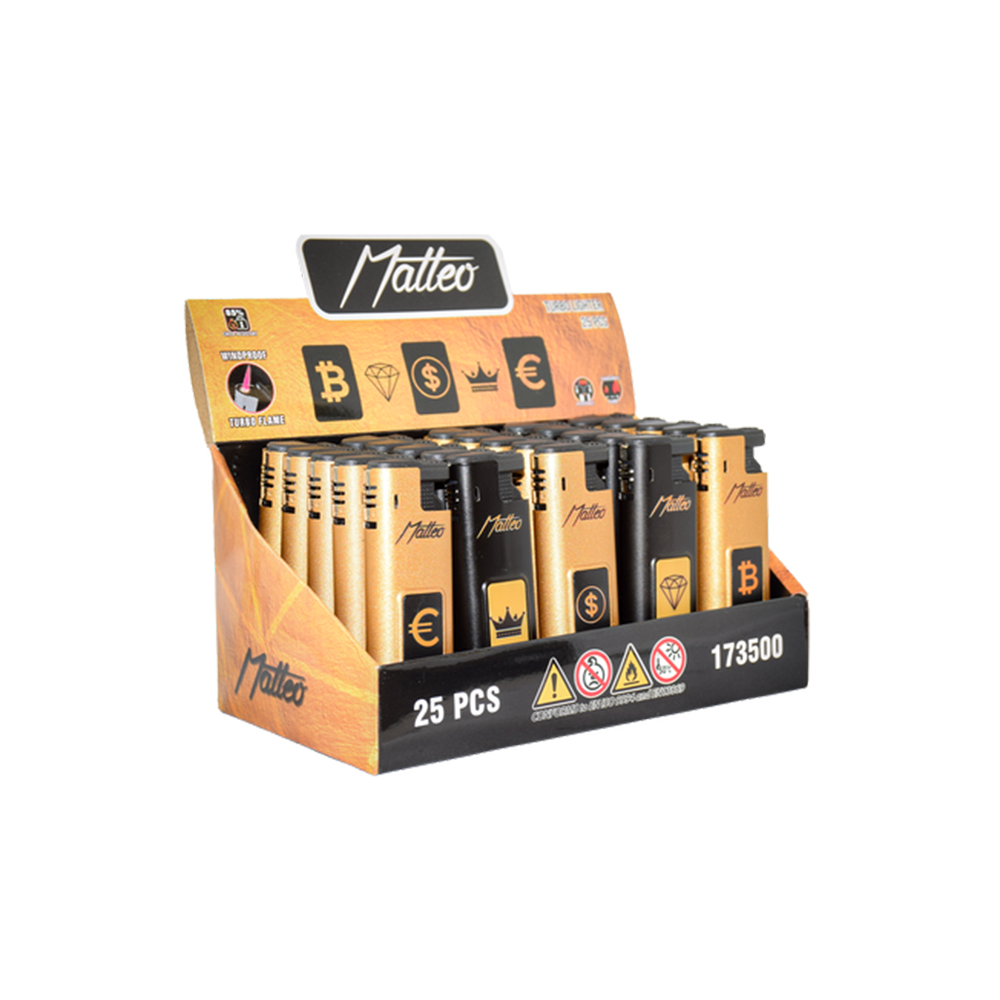 Matteo Money Metal Turbo Lighter — Windproof — range shown; one assorted lighter supplied