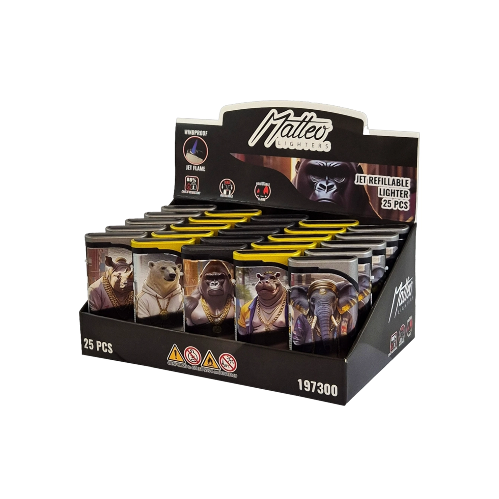 Matteo Las Vegas Gangsta Animals Metal Jet Lighter — Windproof — range shown; one assorted lighter supplied