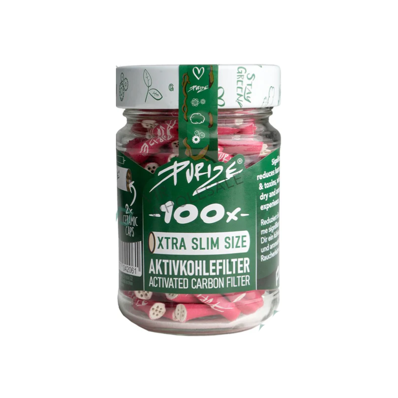 PURIZE XTRA Slim pink filters in a glass jar, 100 pack