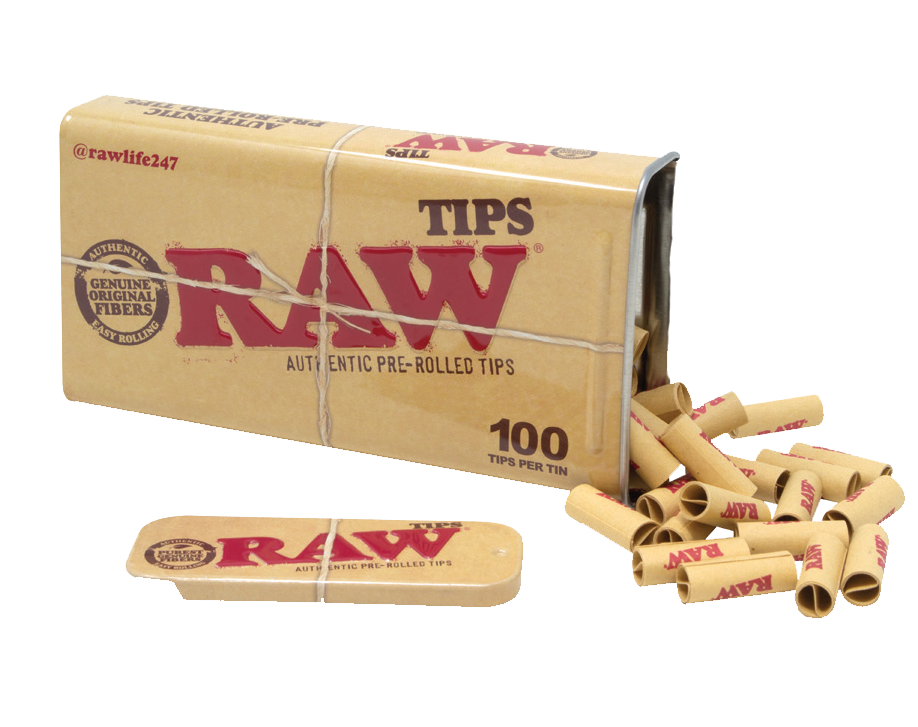 RAW Brown slide-top tin opened with its 100 pre-rolled tips shown beside it