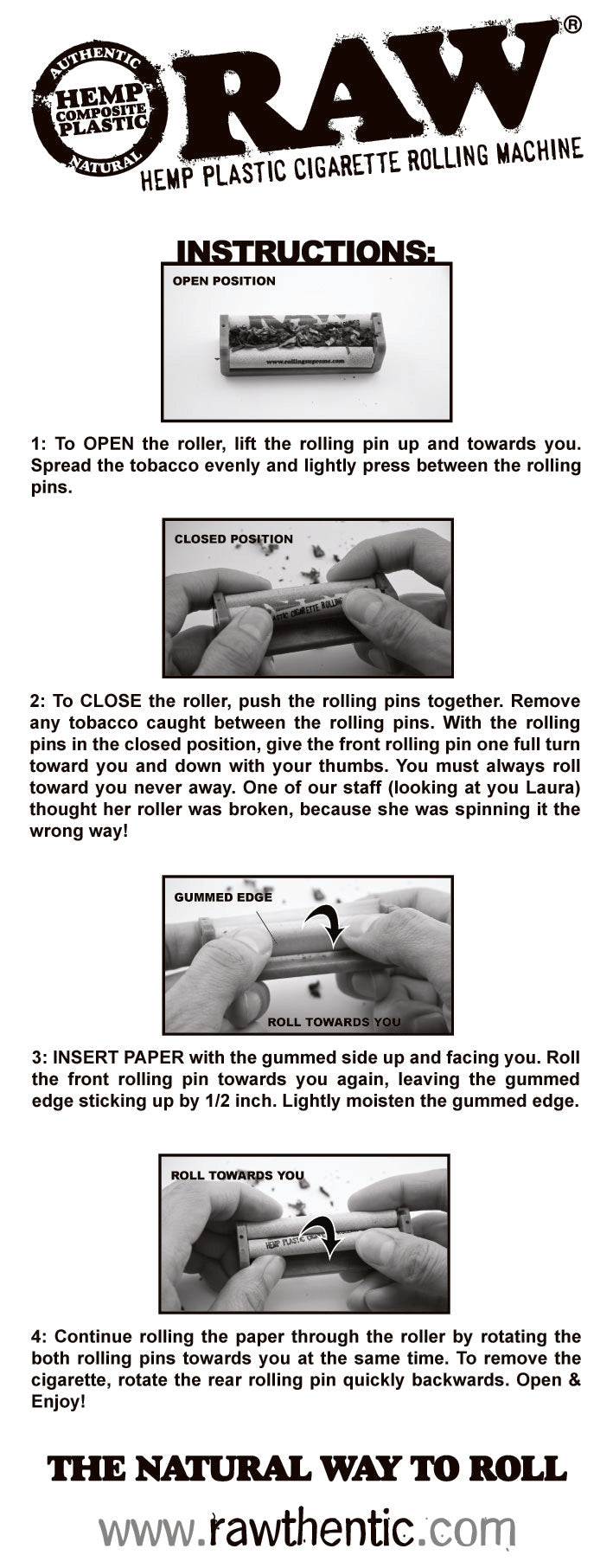 Official RAW Hemp Plastic Roller illustrated operating instructions