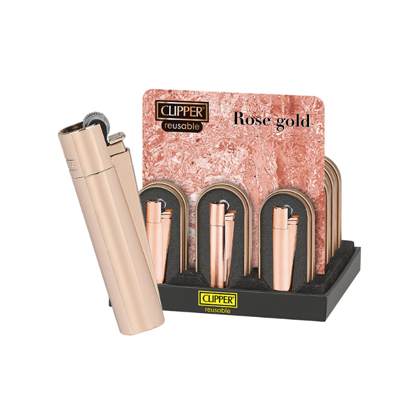 Clipper Rose Gold Metal Refillable Lighter & Case — one lighter and case