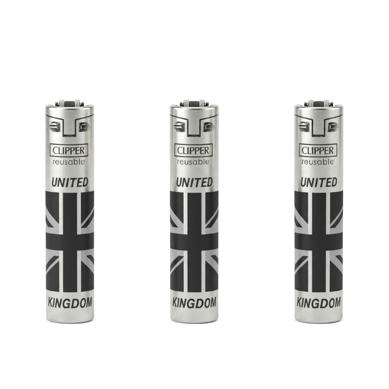 Clipper UK Flag Jet Flame Metal Refillable Lighter & Case — range shown; one assorted lighter supplied