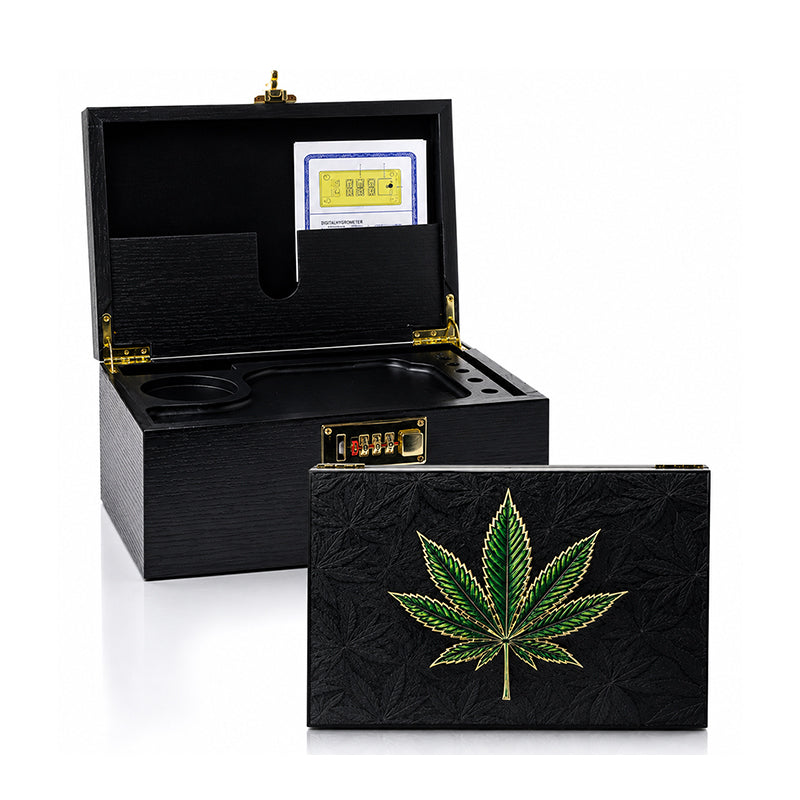Bamboo Stash Box with Lock and Rolling Tray Green Leaf Design SS-7911