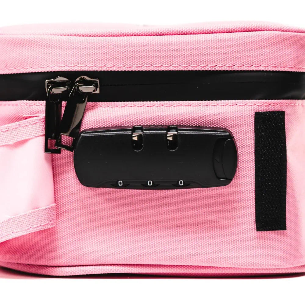 Blazy Susan pink bag — combination lock and double zip close-up