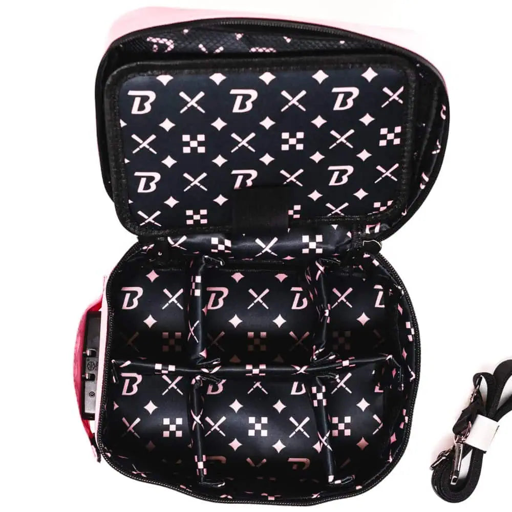 Blazy Susan pink bag — open interior with dividers and detachable shoulder strap