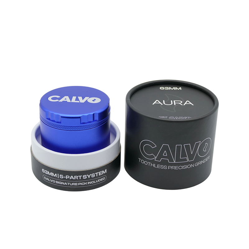 Blue Calvo Aura 63mm five-part grinder with its packaging; one grinder supplied