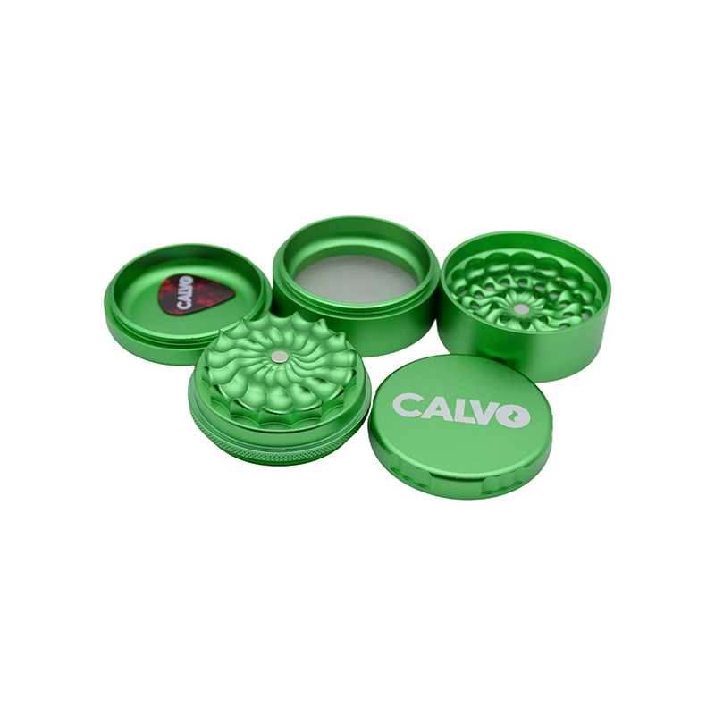 Green Calvo Aura 63mm five-part grinder shown disassembled; one grinder supplied