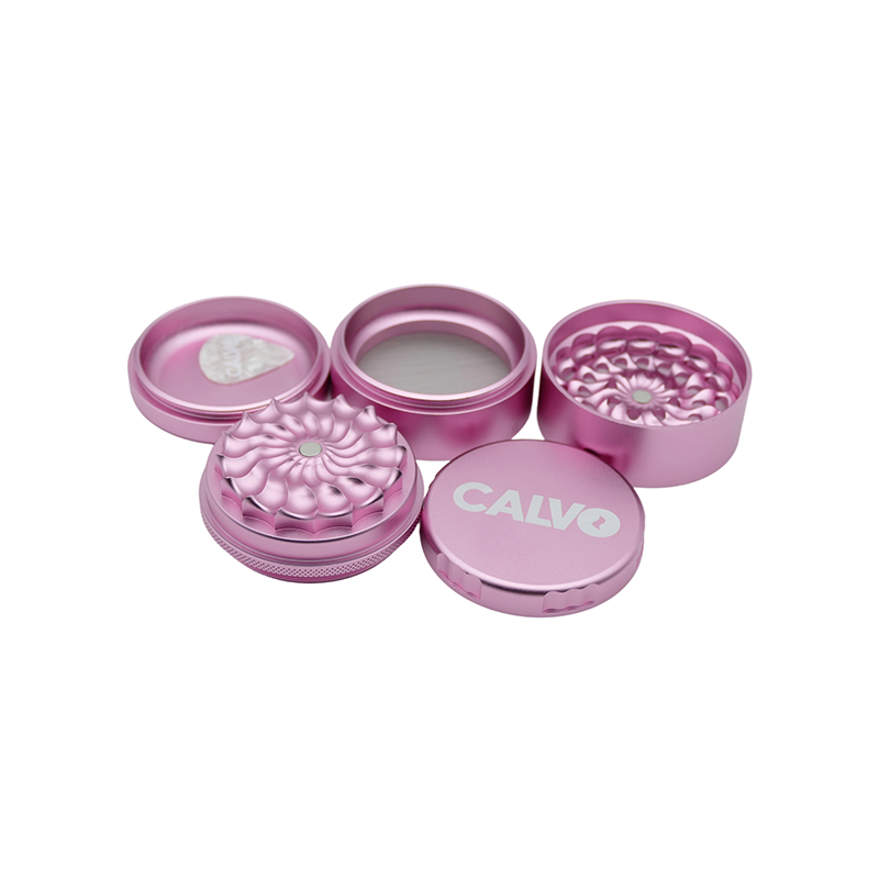 Pink Calvo Aura 63mm five-part grinder shown disassembled; one grinder supplied
