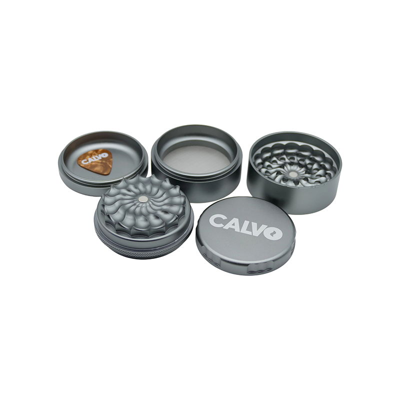 Silver Calvo Aura 63mm five-part grinder shown disassembled; one grinder supplied