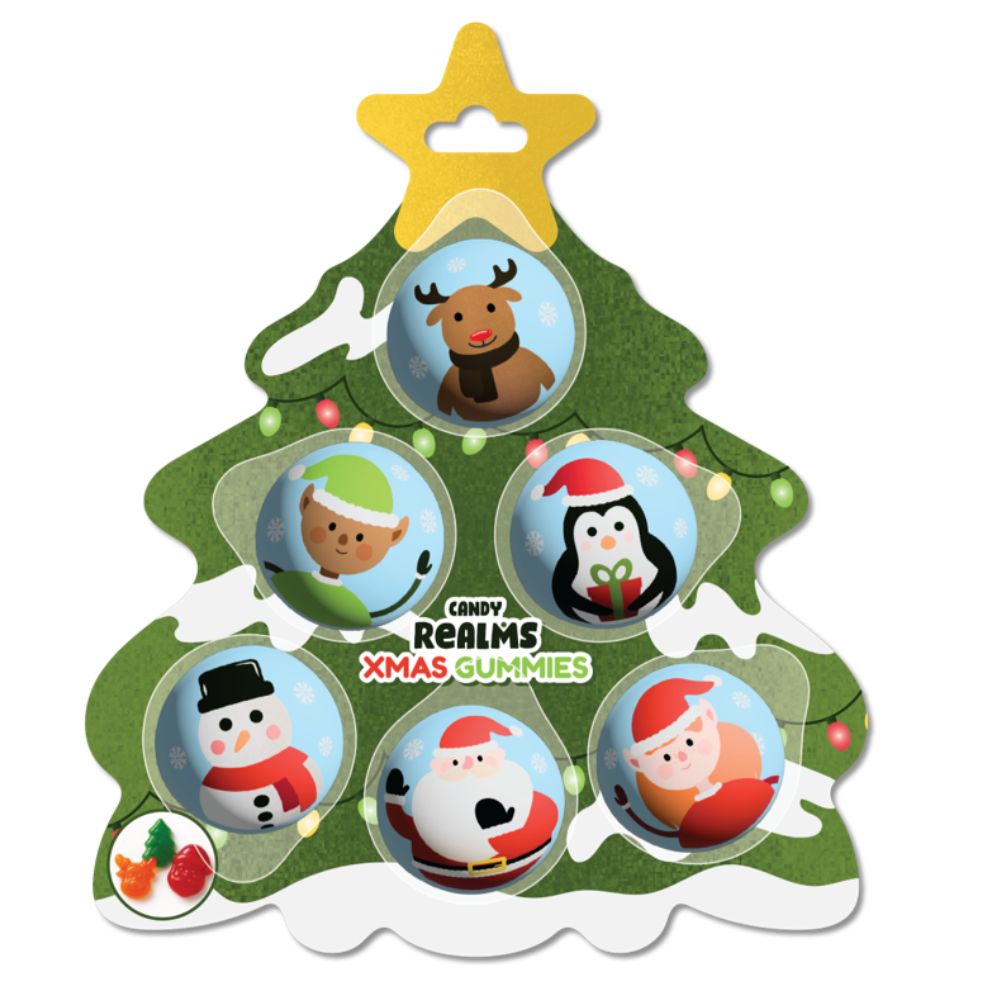 One Christmas tree shaped Candy Realms Christmas Gummies retail pack, six gummies, 30g total
