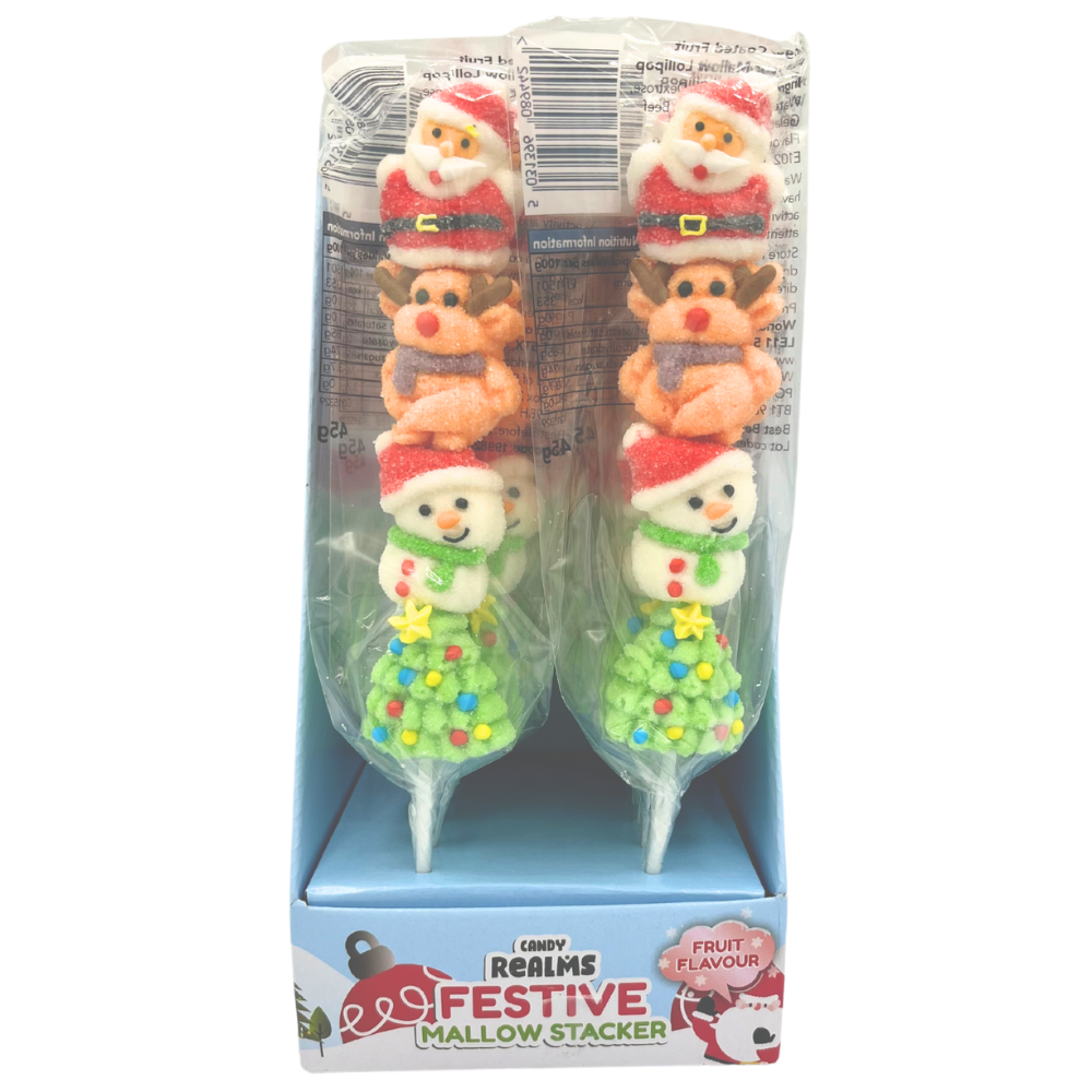 One wrapped Candy Realms Festive Mallow Stacker 45g with four Christmas characters