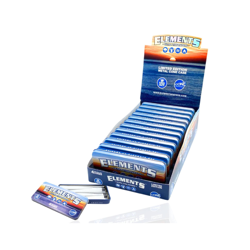 Elements metal case 12-pack wholesale display showing retail tins