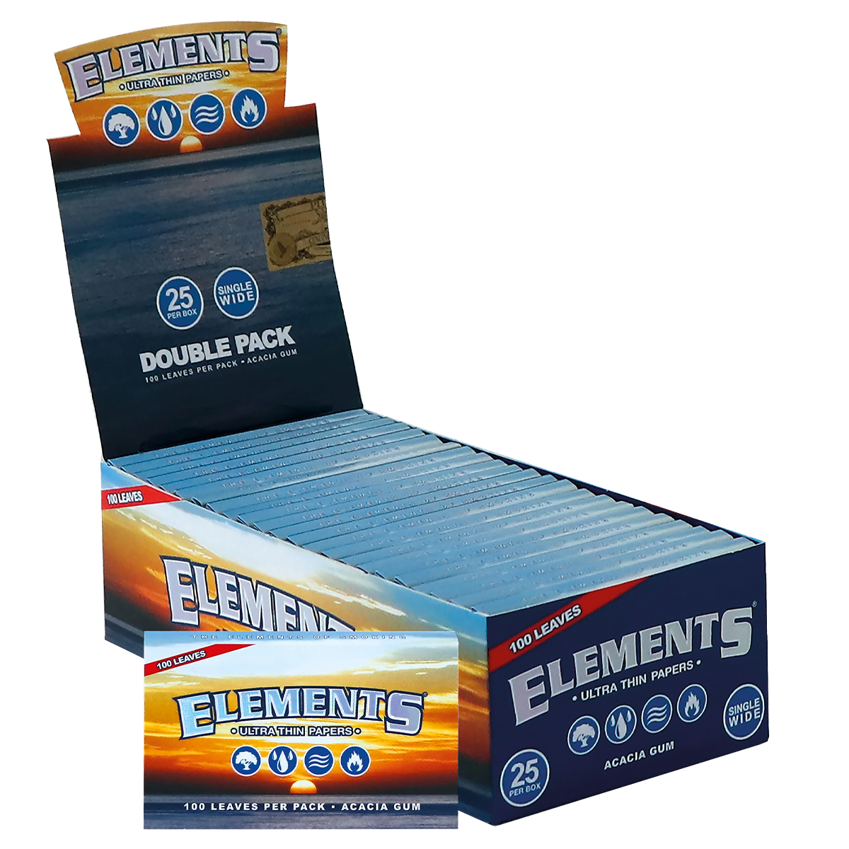 Elements Single Wide Double Window Rolling Papers display with retail pack