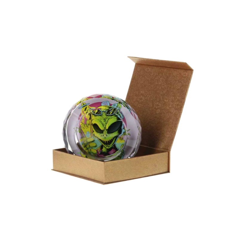 Neon-style Alien Face Glass Ashtray in display box