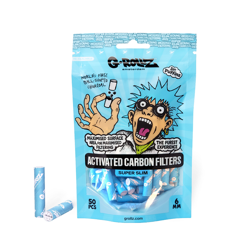 G-Rollz blue 6mm activated carbon filters, one resealable bag of 50