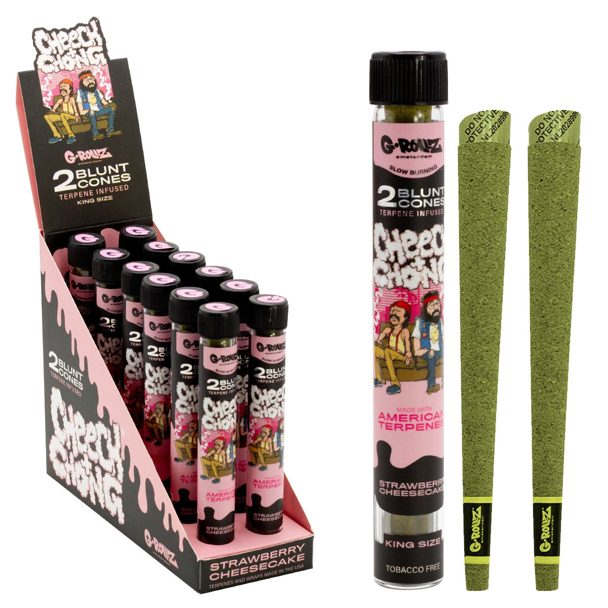 G-Rollz Cheech and Chong Strawberry Cheesecake terpene-infused King Size cones, 2 pack