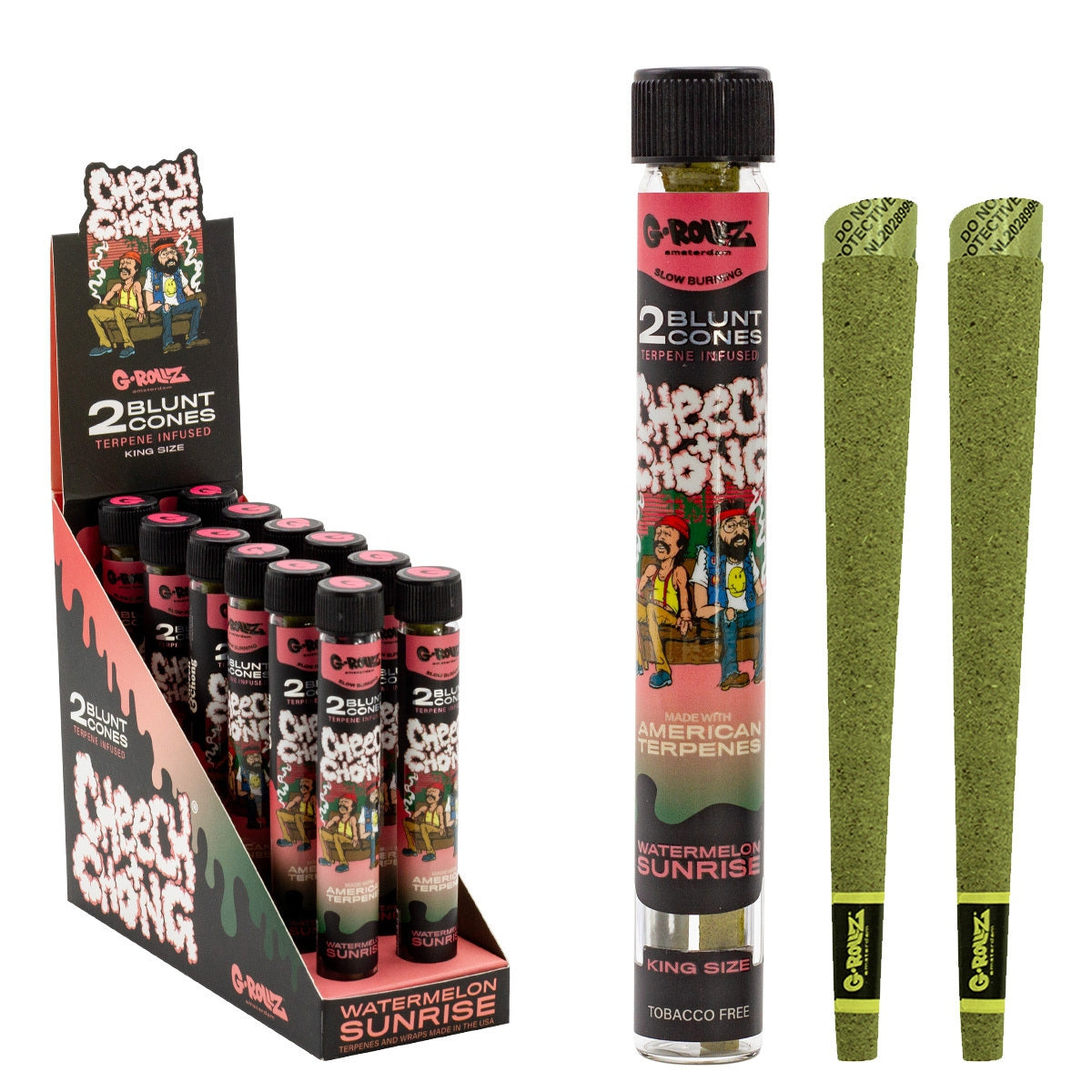G-Rollz Cheech and Chong Watermelon Sunrise terpene-infused King Size cones, 2 pack