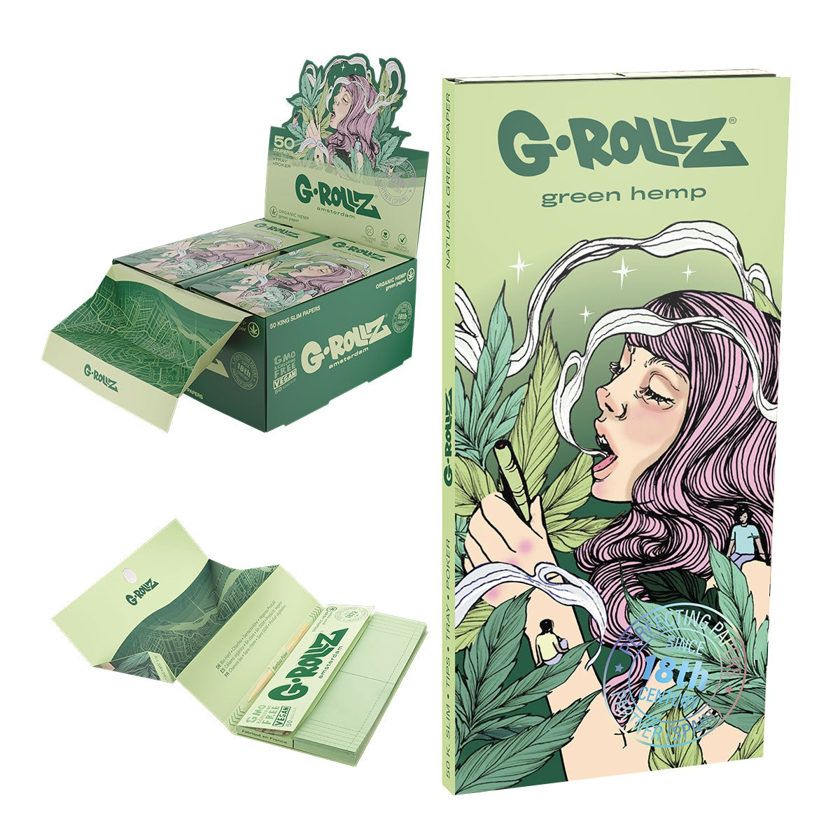G-Rollz Colossal Dream Organic Green Hemp King Size Slim Papers + Tips + Tray