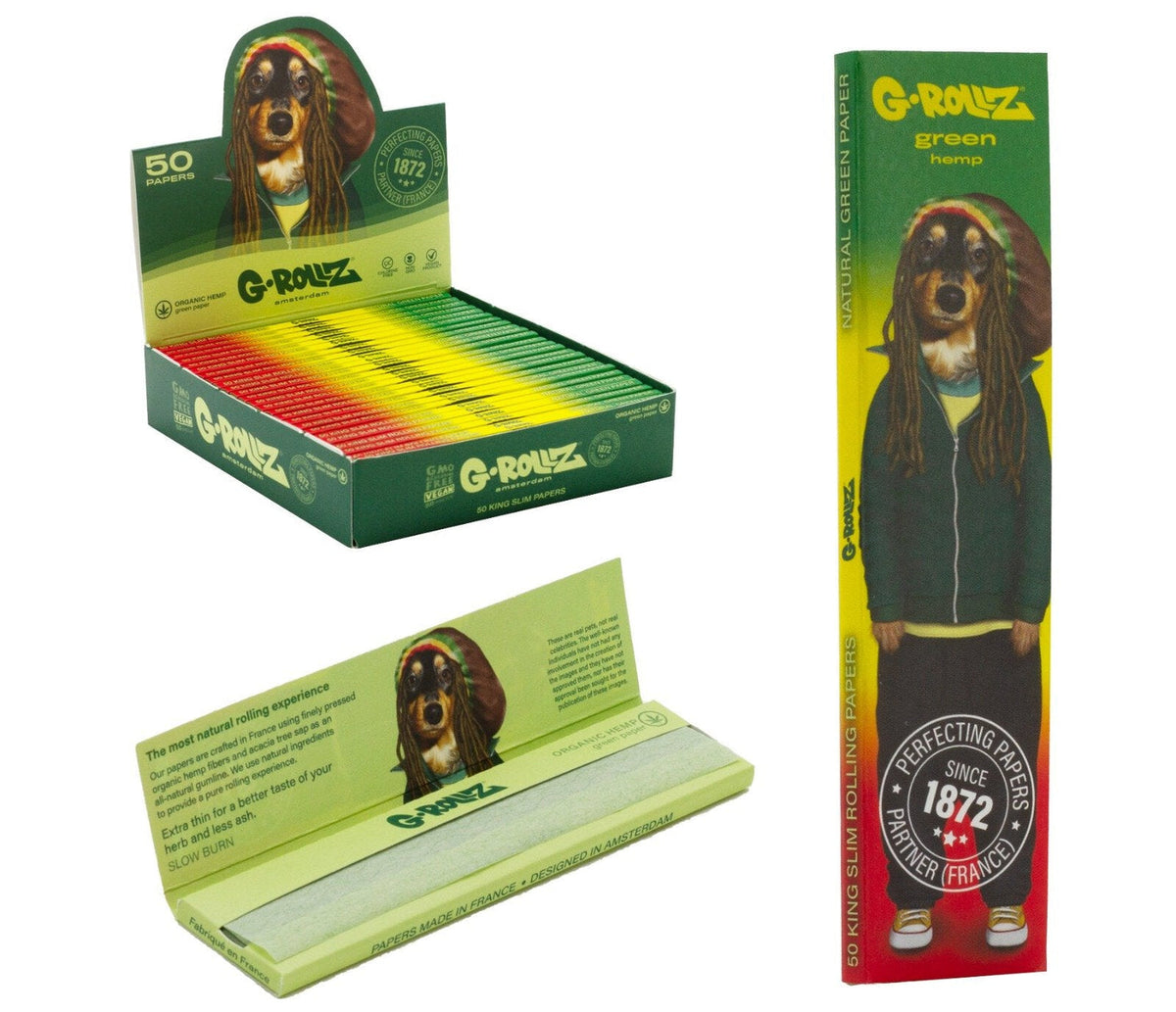 G-Rollz Pets Rock Reggae Organic Green King Size Slim Rolling Papers
