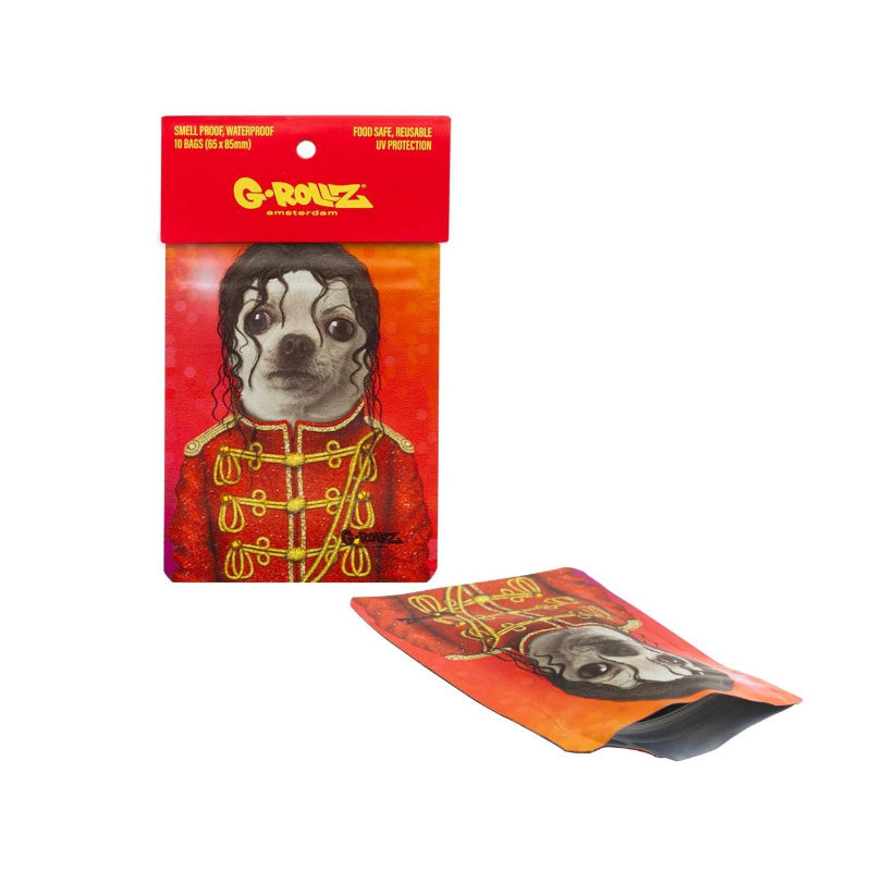 G-Rollz Pop 65 x 85 mm storage bags — packaging and open-bag detail