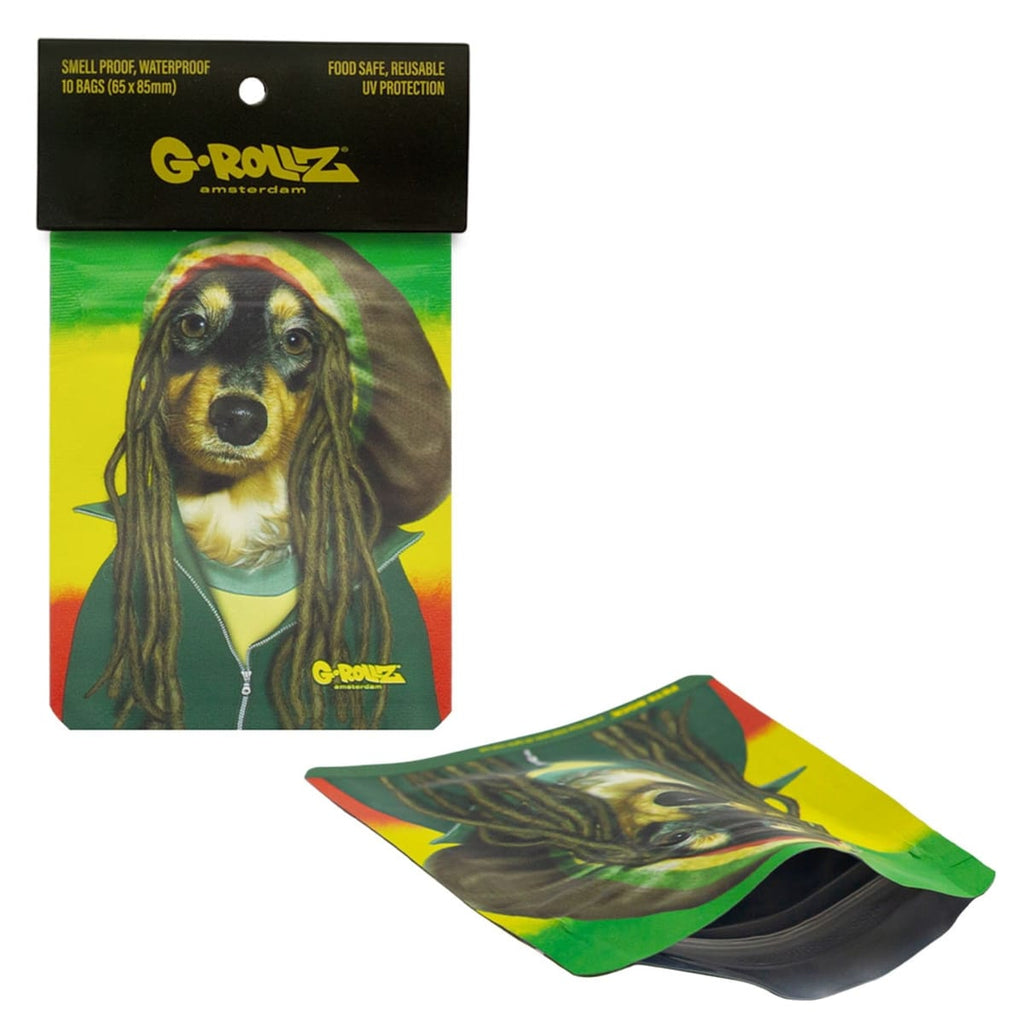 G-Rollz Reggae 65 x 85 mm storage bags — packaging and open-bag detail