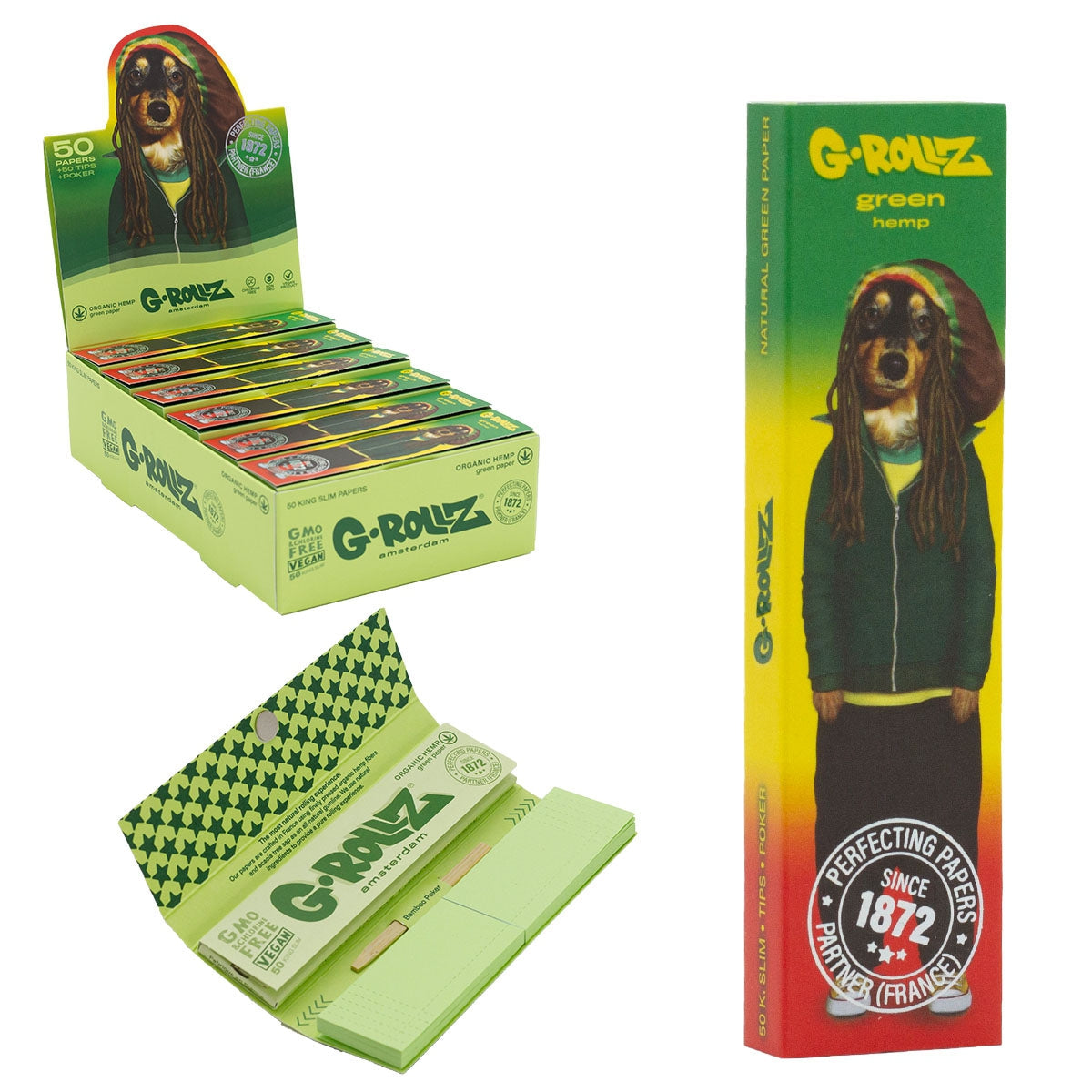 G-Rollz Reggae Green Hemp retail booklet with 24-booklet display