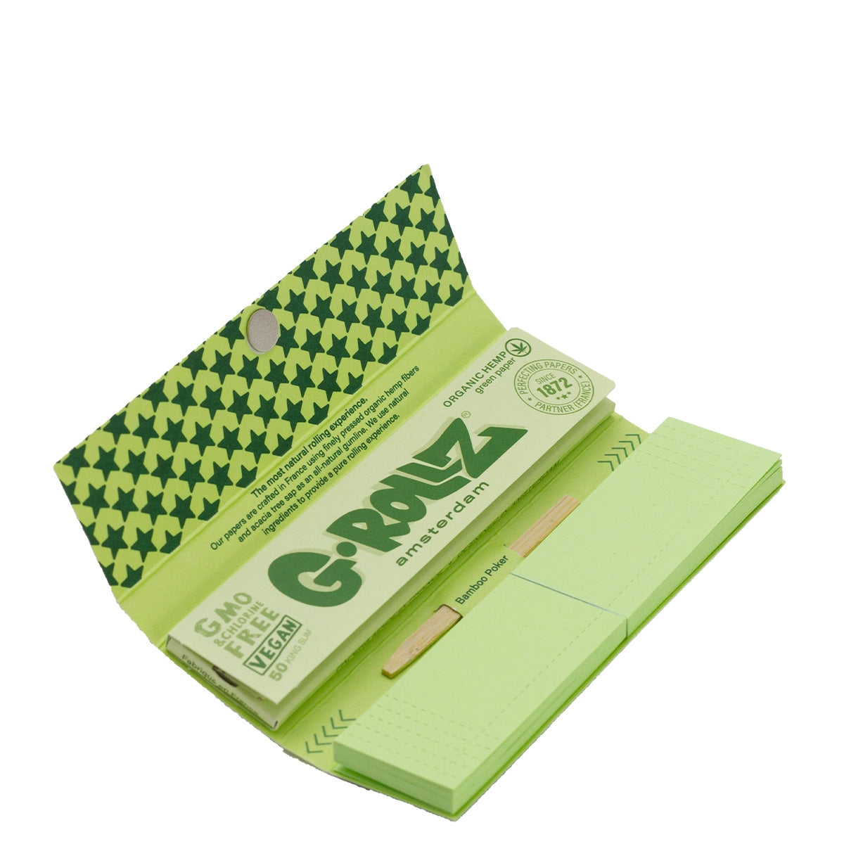 G-Rollz Reggae Green Hemp King Size Slim opened booklet with tips and poker