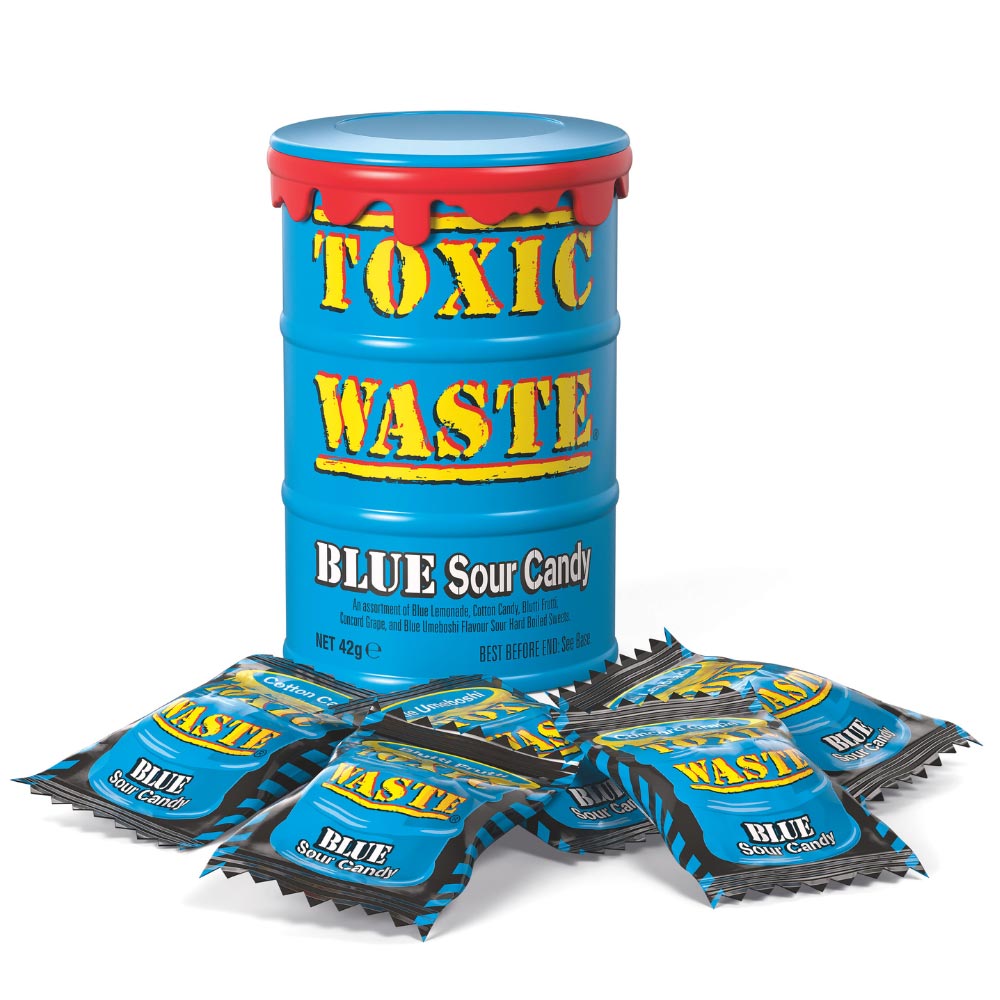 One Toxic Waste Blue Sour Candy 42g drum with individually wrapped sweets