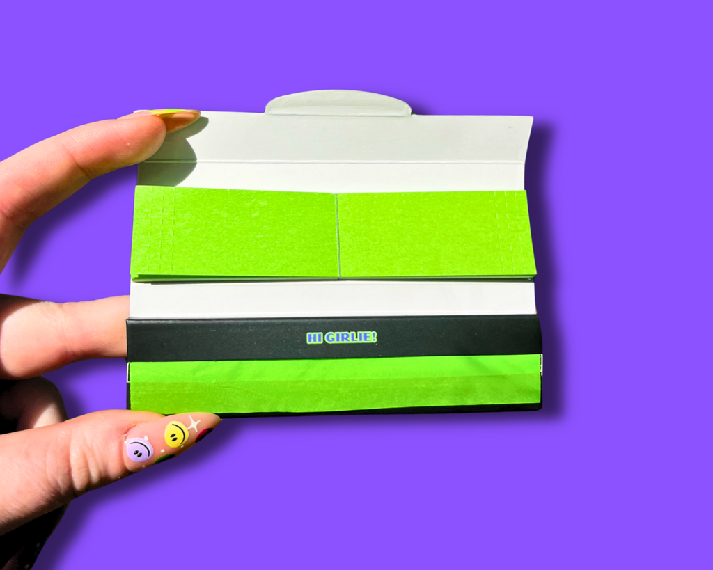 High Girlies Key Lime High opened booklet showing green papers and tips
