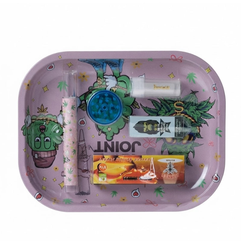 Mr. Joint Pink smoking tray set SS-2515 with grinder, rolling papers, glass tube and glass tips