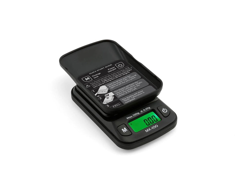 Myco MX-100 digital mini scale with removable lid and quick-start guide