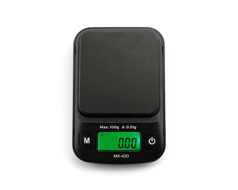 Myco MX-100 digital mini scale, 100g capacity and 0.01g readability, front view
