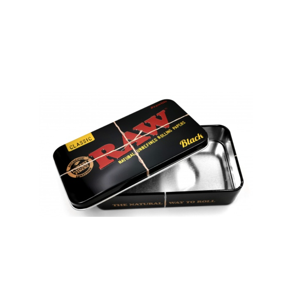 RAW Black 2oz metal tin with lid partially open