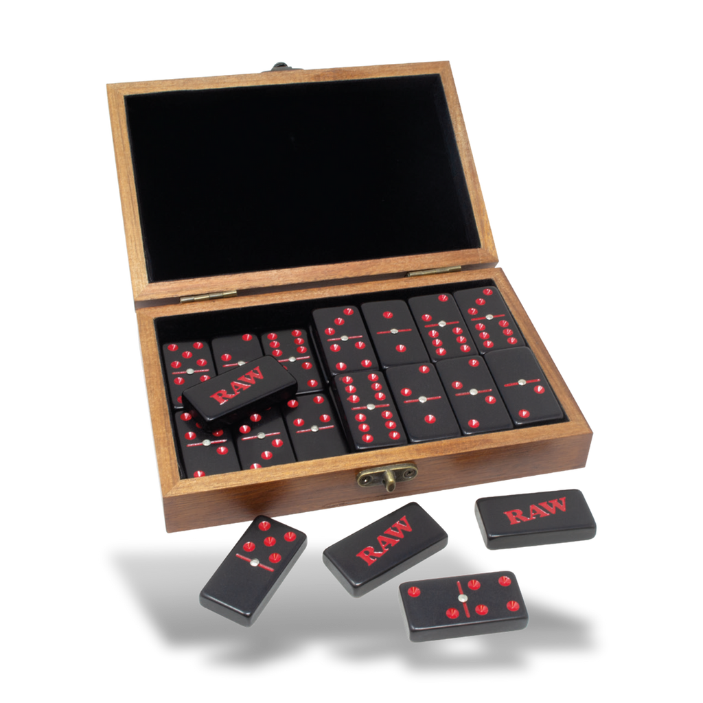 RAW double-six domino set with open wooden box and black tiles with red markings