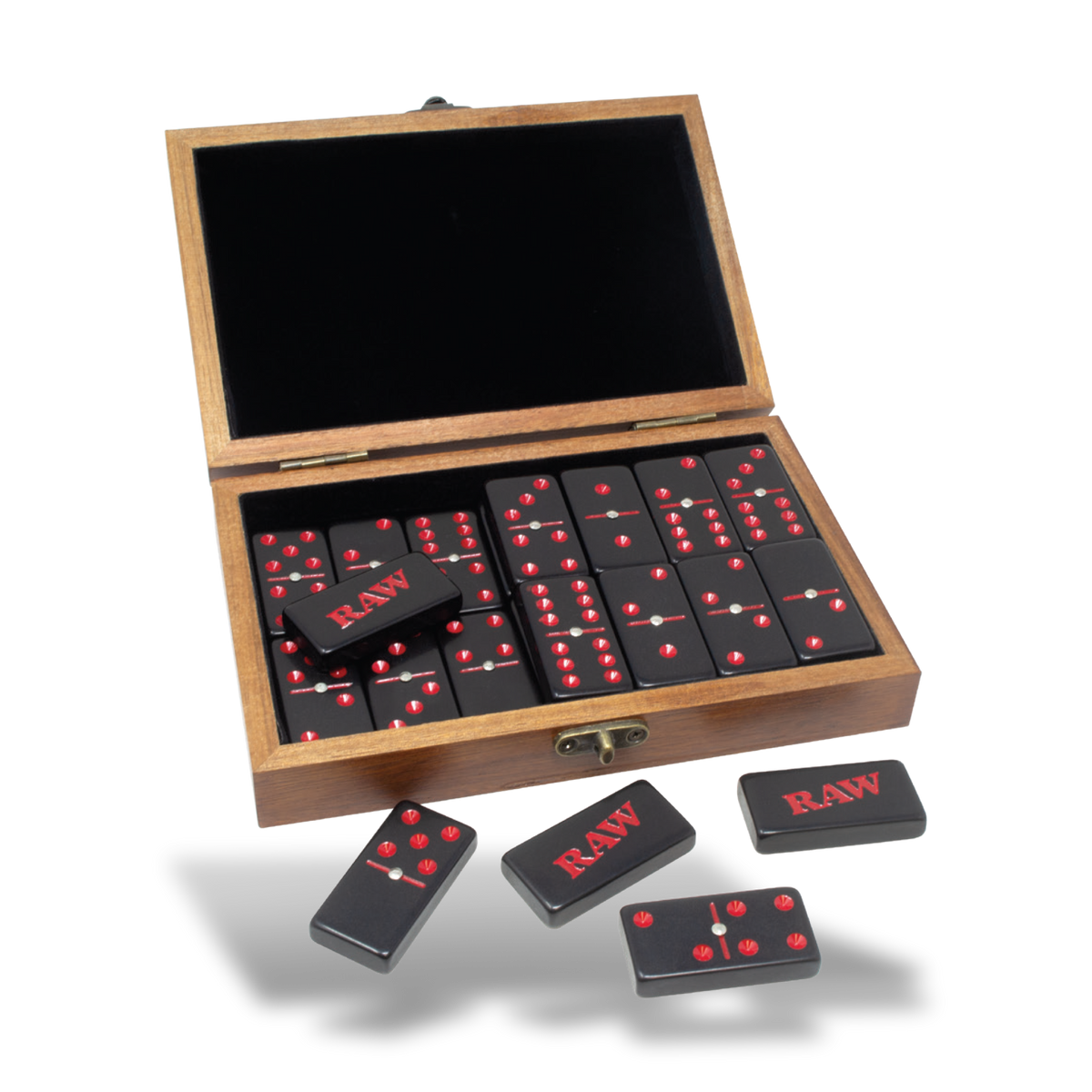 RAW double-six domino set with open wooden box and black tiles with red markings