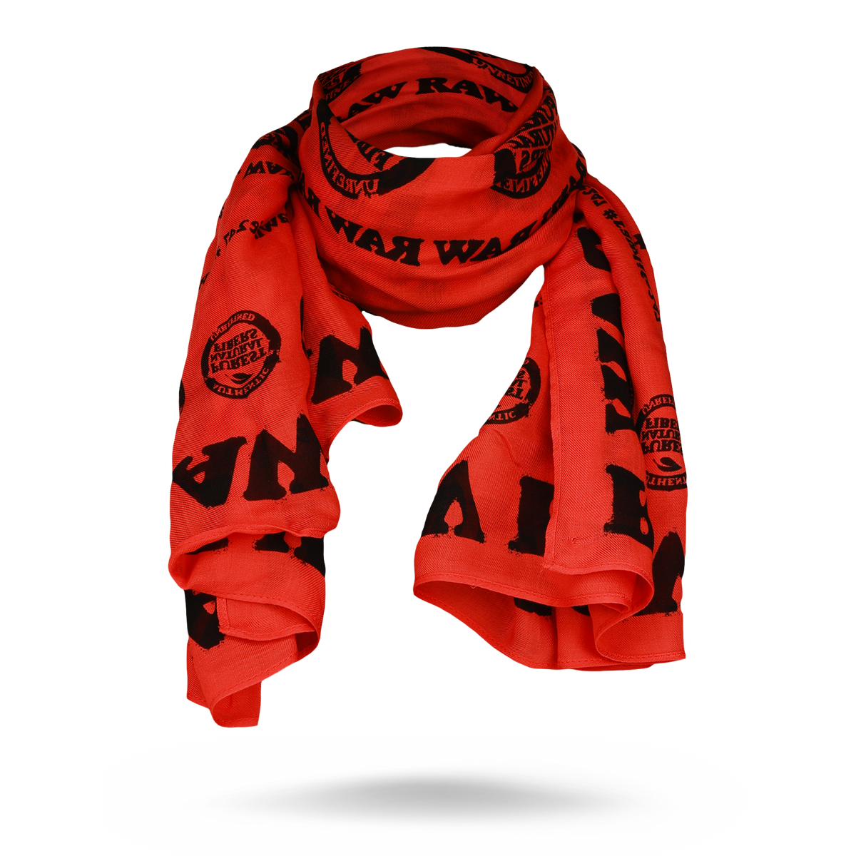 Red RAW fashion scarf with black print, draped to show its fabric and shape