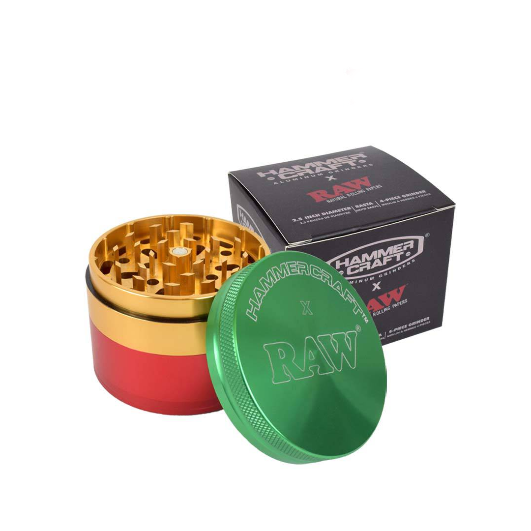 RAW x Hammercraft Large 63.5 mm 4-Piece Aluminium Grinder - Rasta