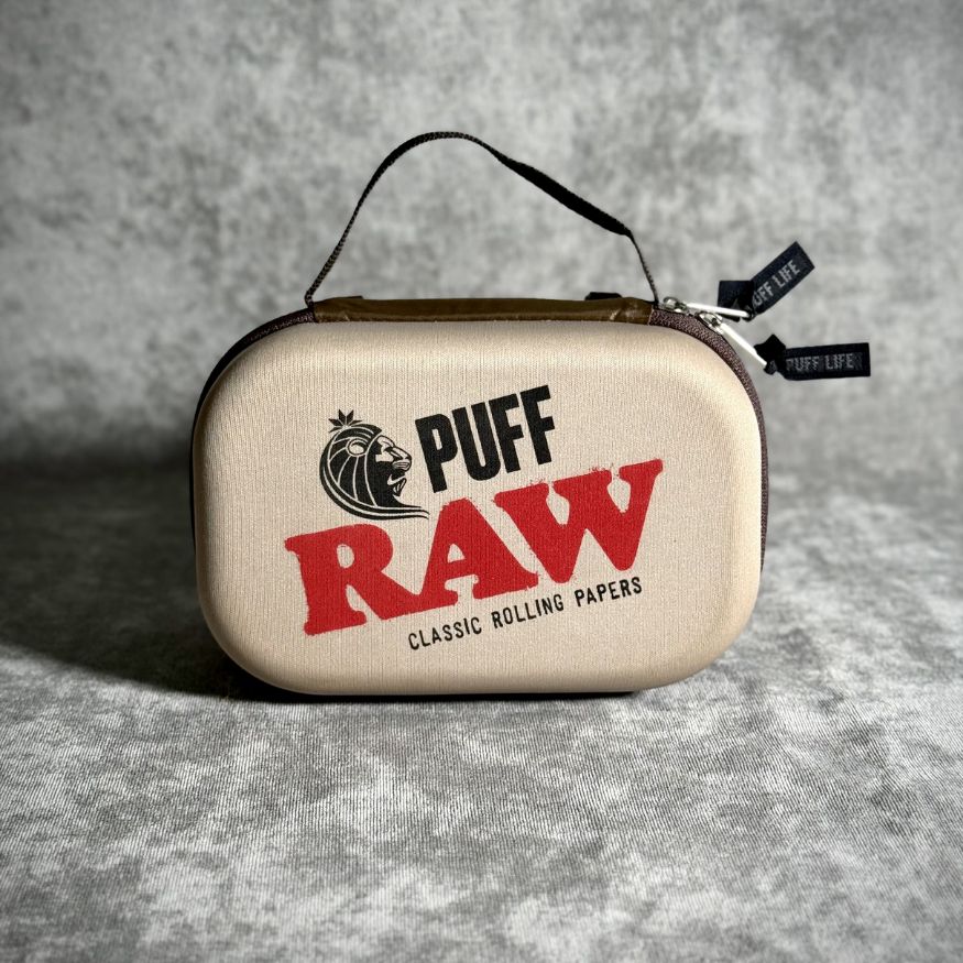 RAW x Puff Life Pro cream case — front with carry handle