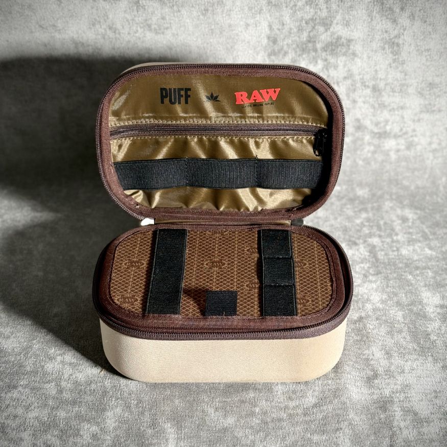RAW x Puff Life Pro cream case — open zipped pocket