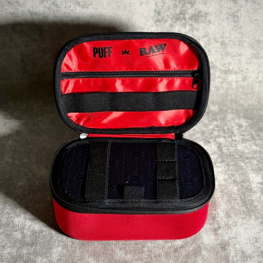 RAW x Puff Life Pro red case — open zipped pocket